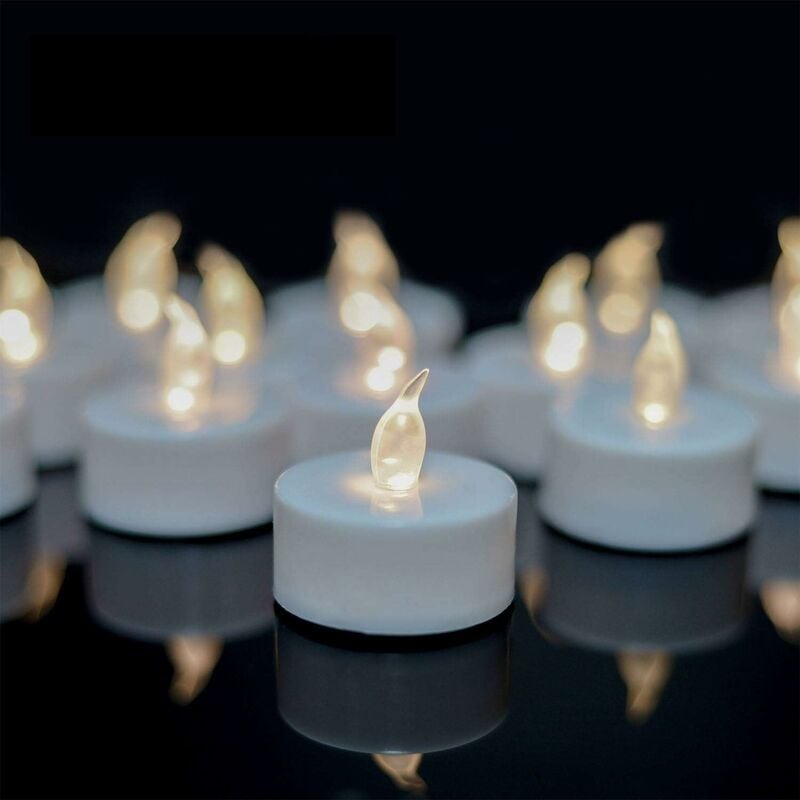 Paquete de 24 velas LED CR2032, velas que funcionan con pilas, vela de té sin llama transparente parpadeante, más de 100 horas de luz eléctrica (carcasa blanca, blanco cálido, 24 unidades)