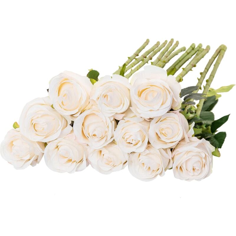 Paquete de 12 rosas artificiales de seda para decoración de bodas (blanco)