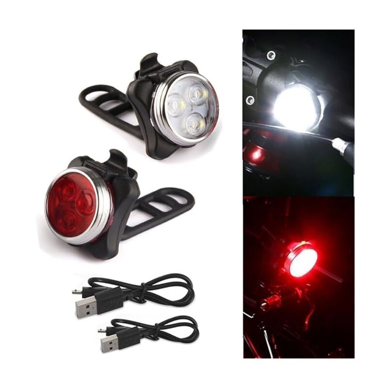 LYCXAMES -- Kit de luz LED para bicicleta, luz para bicicleta recargable por USB, lámpara para bicicleta, luz trasera, luz para bicicleta recargable con 5 modos intermitentes, 2 cables USB LYCXAMES