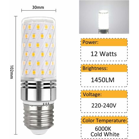 Bombilla LED E27 de 12 W, luz blanca fría, 6000 K, 1450 lm, luz de 360