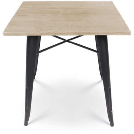 Table style industriel en métal noir mat et bois clair - 80x80 cm