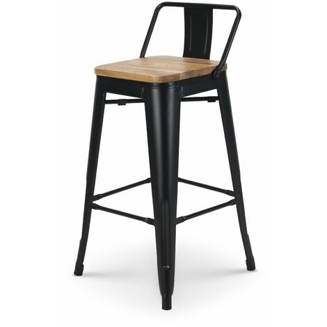 KOSMI - Lot de 4 tabourets de bar en métal noir mat style industriel avec dossier et assise en bois clair - Hauteur 66cm