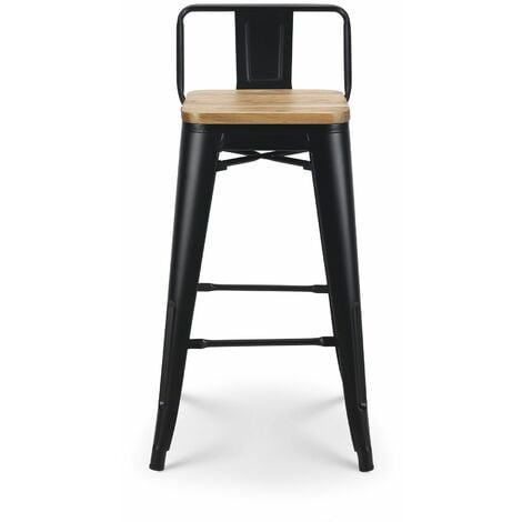 KOSMI - Lot de 4 tabourets de bar en métal noir mat style industriel avec dossier et assise en bois clair - Hauteur 66cm