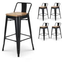 Kosmi – Lot de 4 tabourets de bar en métal noir mat – Dossier bas – Assise en bois clair – Hauteur 66 cm – Pour tables jusqu'à 95 cm