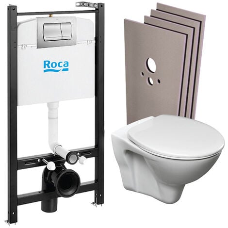 Roca Pack WC cisterna empotrada Roca Active + Inodoro suspendido Fayans +  Pulsador cromado mate + Revestimiento
