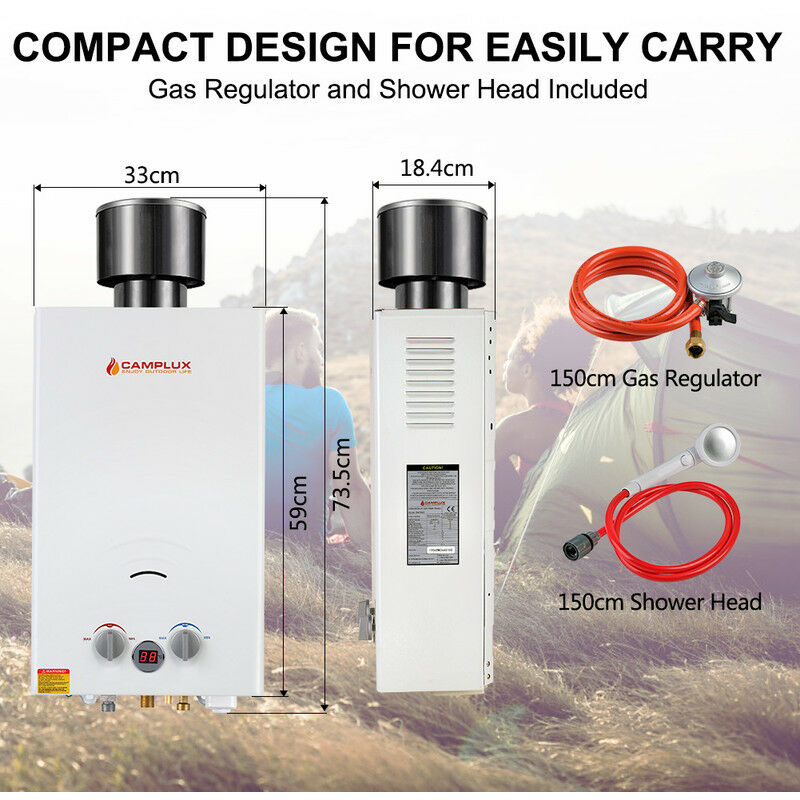 Tankless Gas Water Heater with Rain Cap, CE Certified GAR Standard 10L  Instant Propane Gas Shower, Use for Camping RV Trip Washing Horse [Energy  Class A+] Camplux BW264C