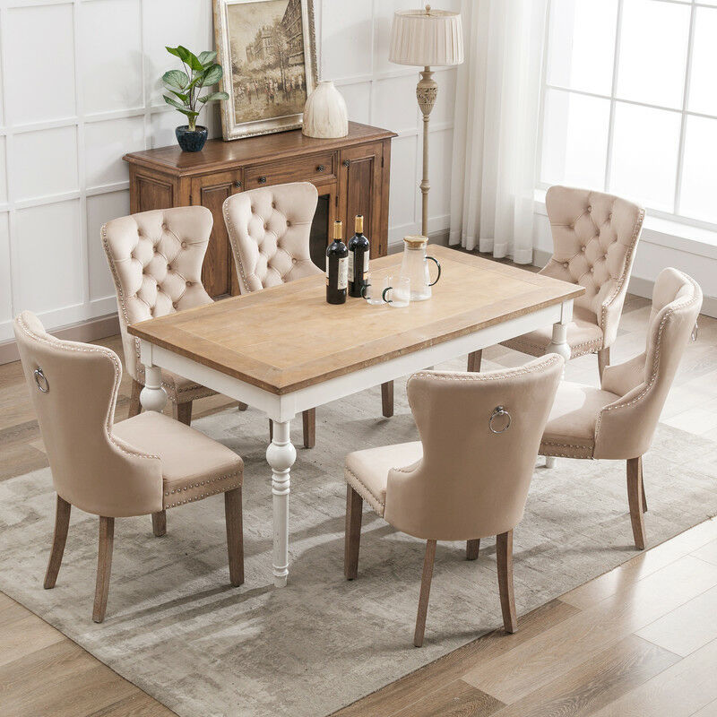 Lot de 6 chaises de salle à manger avec boutons capitonnés, assise  recouverte de velours, chaise de pieds en bois massif, brun clair -  Conforama