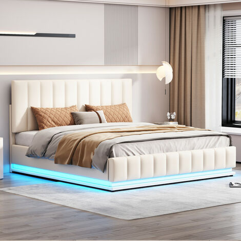 Lit Double 140x200 Cm BRILVERDE Avec Tête De Lit LED Et Velours | Lit Rembourré Pour Fille/Ado | Sommier à Lattes Inclus | Coloris Beige