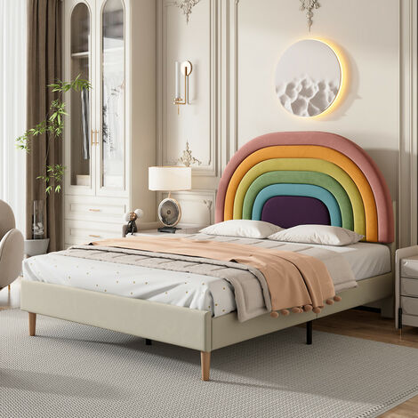 Lit simple scandinave 90x200 cm lit rembourré avec tête de lit en forme de  fleur et sommier à lattes, en velours, beige - Conforama