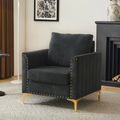 Chaise moderne en cuir PU, fauteuil, fauteuil avec coussins, pieds en métal,  noir, 55x80x88 cm