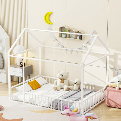Lit enfant, 140 x 200 cm, lit en métal, cadre de lit, avec barrière, blanc