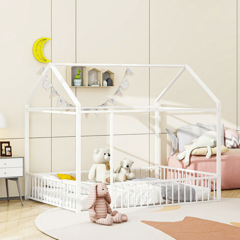 Lit enfant, 140 x 200 cm, lit en métal, cadre de lit, avec barrière, blanc