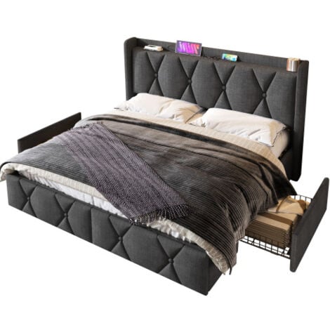 Lit Double Rembourr Avec Chargement Usb T Te De Lit Et Tiroirs X Cm Gris Avec Matelas