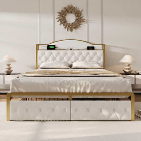 Lit Double 140x200 Avec Tête De Lit LED & Tiroirs - BRILVERDE (Sans Matelas)