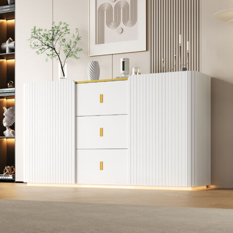 Meuble TV Moderne Blanc Et Or – 170x34x50 Cm, 2 Tiroirs + 2 Portes Verre | Rangement Salon, Design épuré
