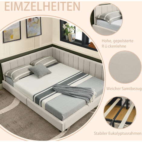 Lit double 160200 cm, surface en velours, dossier haut, idéal pour les chambres, les pièces à vivre et les grands appartements, convient aux couples et aux familles, beige (sans matelas) (1/5)