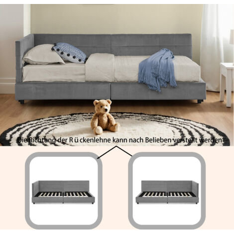 Lit simple 90200 cm, revêtement en velours doux pour la peau, lit enfant avec dossier haut, gris foncé (sans matelas) (1/5)