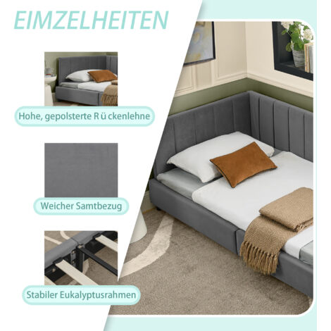 Lit simple 90200 cm, revêtement en velours doux pour la peau, lit enfant avec dossier haut, idéal pour les chambres d'enfants, convient aux chambres d'amis et aux studios, gris foncé (sans matelas) (1/5)