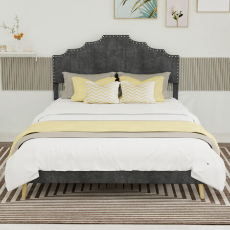 Lit moderne minimaliste et moelleux, tête de lit confortable et douce, 140200CM, gris, meuble de chambre multifonctionnel, cadre de lit bas sans vérin à gaz, matelas non inclus. (1/5)