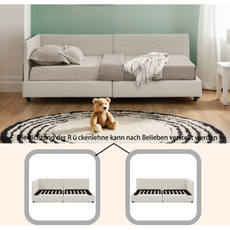 Lit simple 90200 cm, revêtement en velours doux pour la peau, lit enfant avec dossier haut, beige (sans matelas) (1/5)