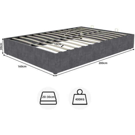 Cadre de lit de style moderne et épuré, 160200 cm, gris, tissu velours hollandais, avec vérin à gaz, mobilier de chambre moderne, tête de lit et matelas non inclus. (1/5)