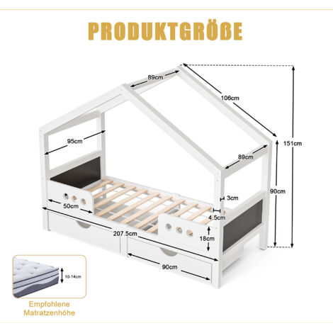 (Ancienne référence : W1880S00037) Lit enfant avec toit en pente, 2 grands tiroirs et structure robuste en bois et MDF, finition laquée UV quasi inodore, supporte jusqu’à 120 kg, convient pour un mate (1/5)