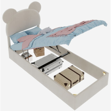 Lit rembourré moderne et minimaliste avec tête de lit douce au design de dessin animé, 90x200 cm, beige, meuble de chambre multifonctionnel, sommier coffre haut avec système de levage à gaz, matelas n (1/5)