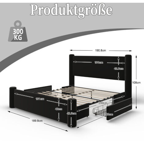 Cadre de lit 160 x 200 cm au design moderne, avec colonnes 3D, tête de lit rembourrée épaisse, 2 tiroirs de rangement et ports USB intégrés pour un confort pratique et un style élégant dans la chambre (1/5)