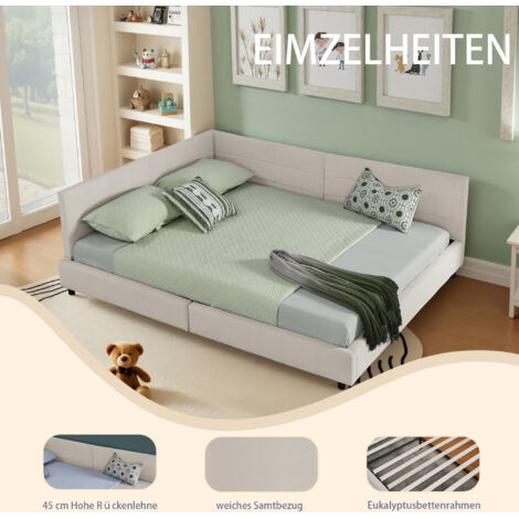 Lit double 160200 cm avec revêtement en velours doux et agréable au toucher, cadre de lit d'angle en forme de L, lattes robustes en eucalyptus et fer, facile à monter, beige (sans matelas) (1/5)