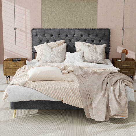 Lit moderne minimaliste et moelleux, tête de lit confortable et douce, 140200CM, gris, meuble de chambre multifonctionnel, cadre de lit bas sans vérin à gaz, matelas non inclus. (1/5)