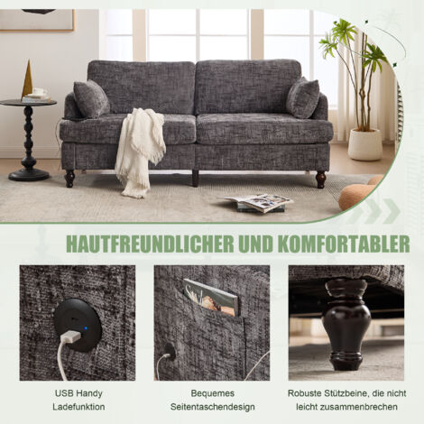 Canapé moderne 2 places en chenille avec pieds en bois, éclairage LED, port de chargement USB et sac de rangement. Convient pour le salon, la chambre ou le bureau. (1/5)