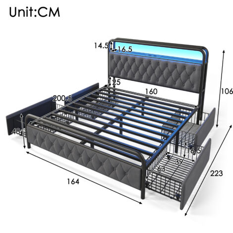 Lit double capitonné avec fonction de chargement USB Type C, contrôle par application, cadre de lit LED, sommier métallique 160x200 cm, cadre de lit et 4 tiroirs, velours (matelas non inclus) (1/5)