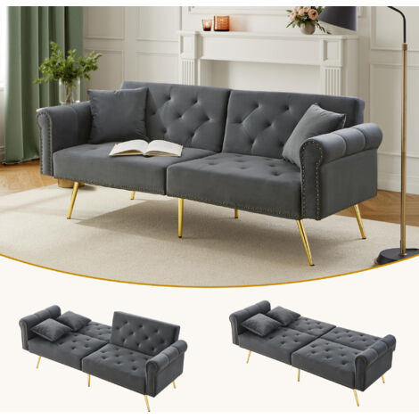 Canapé-lit moderne 2 places – revêtement en velours, dossier inclinable 3 positions et pieds en métal doré. Canapé élégant convertible – gain de place, résistant, idéal pour les petits espaces. (1/5)
