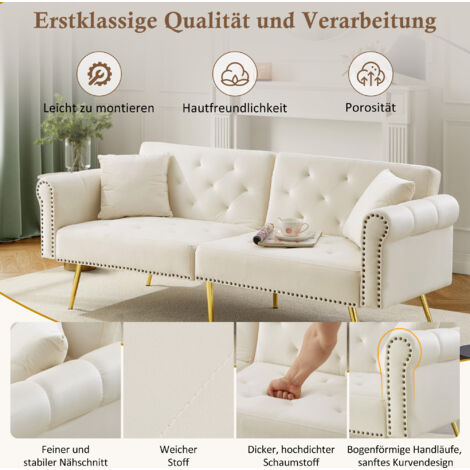 Canapé-lit moderne 2 places – revêtement en velours, dossier inclinable 3 positions et pieds en métal doré. Canapé élégant convertible – gain de place, résistant, idéal pour les petits espaces. (1/5)