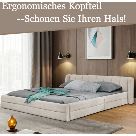Lit double 140×200cm, tissu chenille, dossier confortable, cadre robuste en eucalyptus et fer, facile à monter, beige (sans matelas) (1/5)