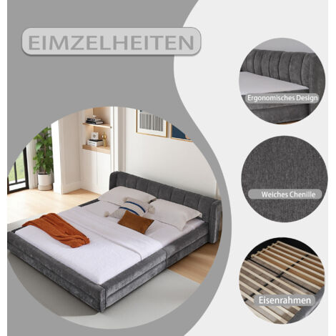 Lit double 140×200cm, tissu chenille, dossier confortable, cadre robuste en eucalyptus et fer, facile à monter, Gris foncé (sans matelas) (1/5)