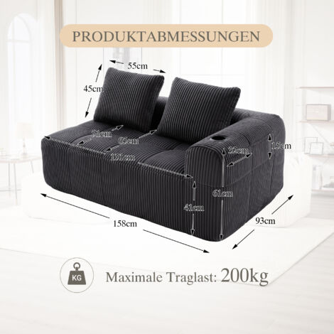Canapé deux places confortable en velours côtelé – Aucun assemblage requis, coussins de dossier moelleux, poche de rangement latérale pour télécommande et téléphone portable, porte-gobelet intégré – s (1/5)