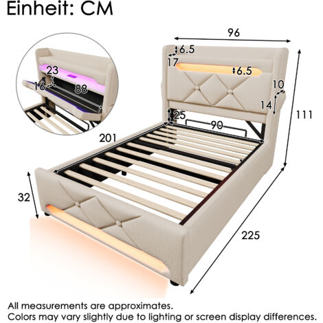 Lit simple capitonné 90200, tête de lit avec rangement, ports USB et Type C, éclairage LED à 360° autour de la tête et du pied du lit, avec rangement hydraulique, beige, lin (matelas non inclus) (1/5)