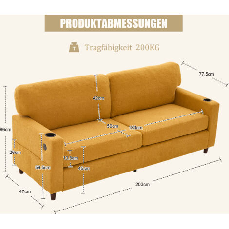 Canapé 2 places moderne en chenille avec port USB-C, éclairage LED, porte-gobelets et poches latérales. Structure en bois et métal avec rembourrage en mousse confort. Idéal pour le salon, la chambre o (1/5)