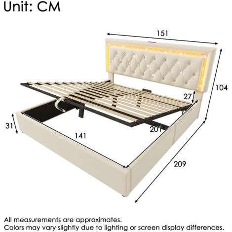 Lit double capitonné en velours 140x200 cm avec bande LED en forme de diamant dans la tête de lit, station de charge USB et Type-C, espace de rangement hydraulique, lit junior avec sommier à lattes, l (1/5)