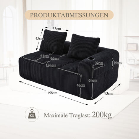 Canapé deux places confortable en velours côtelé – Aucun assemblage requis, coussins de dossier moelleux, poche de rangement latérale pour télécommande et téléphone portable, porte-gobelet intégré – s (1/5)