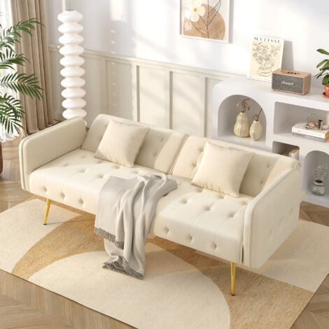 Canapé-lit multifonctionnel deux places avec fonction lit, dossier réglable et accoudoirs multipositions. Canapé-lit pliant moderne pour salon - revêtement en velours. Couchage spacieux. (1/5)