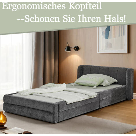 Lit simple 90200 cm, tissu chenille doux pour la peau, dossier confortable, convient également comme lit enfant, gris foncé (sans matelas) (1/5)