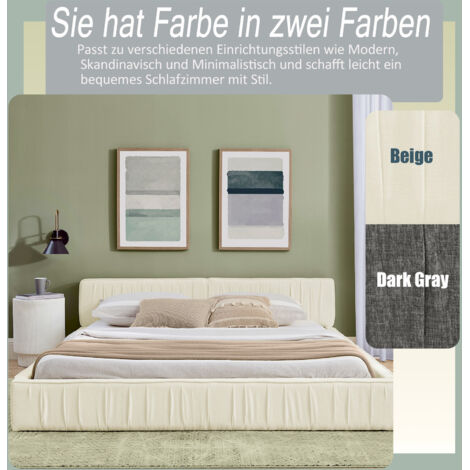 Lit double 140200cm, avec housse en chenille douce et veloutée, fabriqué en bois d'eucalyptus écologique et cadre en fer robuste, montage facile, beige (sans matelas) (1/5)