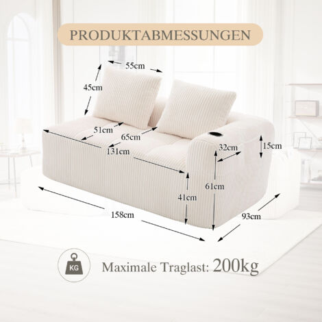 Canapé deux places confortable en velours côtelé – Aucun assemblage requis, coussins de dossier moelleux, poche de rangement latérale pour télécommande et téléphone portable, porte-gobelet intégré – s (1/5)