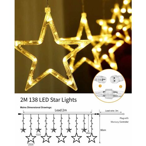Guirlande Lumineuse Etoiles, Rideau Lumineux Led, 12 Étoiles 138 Leds  Éclairage Intérieur Extérieur Rideau Lumière Décorative, 8 Modes avec