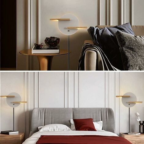 Ineasicer Applique Mural Blanc Bois avec interrupteur et Interface USB 9W LED Lampe de Lecture Murale avec étagère Lampe de Chevet Moderne avec Câble et Prise pour chambre, salon, Bureau, intérieur, 3