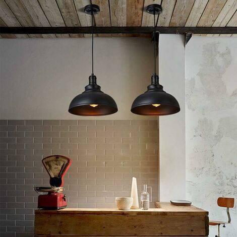 Ineasicer Suspension Luminaire Industrielle Lustre Plafonnier Vintage E27 Rétro Métal Lampe de de Plafond pour Cuisine Salle à Manger Salon Restaurant, Diamètre 29 cm (Noir + Noir)