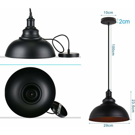 Ineasicer Suspension Luminaire Industrielle Lustre Plafonnier Vintage E27 Rétro Métal Lampe de de Plafond pour Cuisine Salle à Manger Salon Restaurant, Diamètre 29 cm (Noir + Noir)
