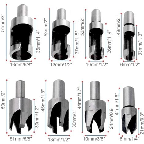 Fraise Bouchonner Bois Lot de 8 Mèche Bouchon Bois Foret Faire Cheville Outil de Coupe pour Faire une Bois Bouchon Cheville Tourillon Goujon Tenon Dowel
